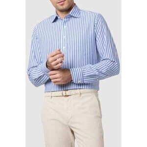 Sid Mashburn Men's Blue Slim Fit Stripe Slub Linen Cotton Button-Up Popover Shir